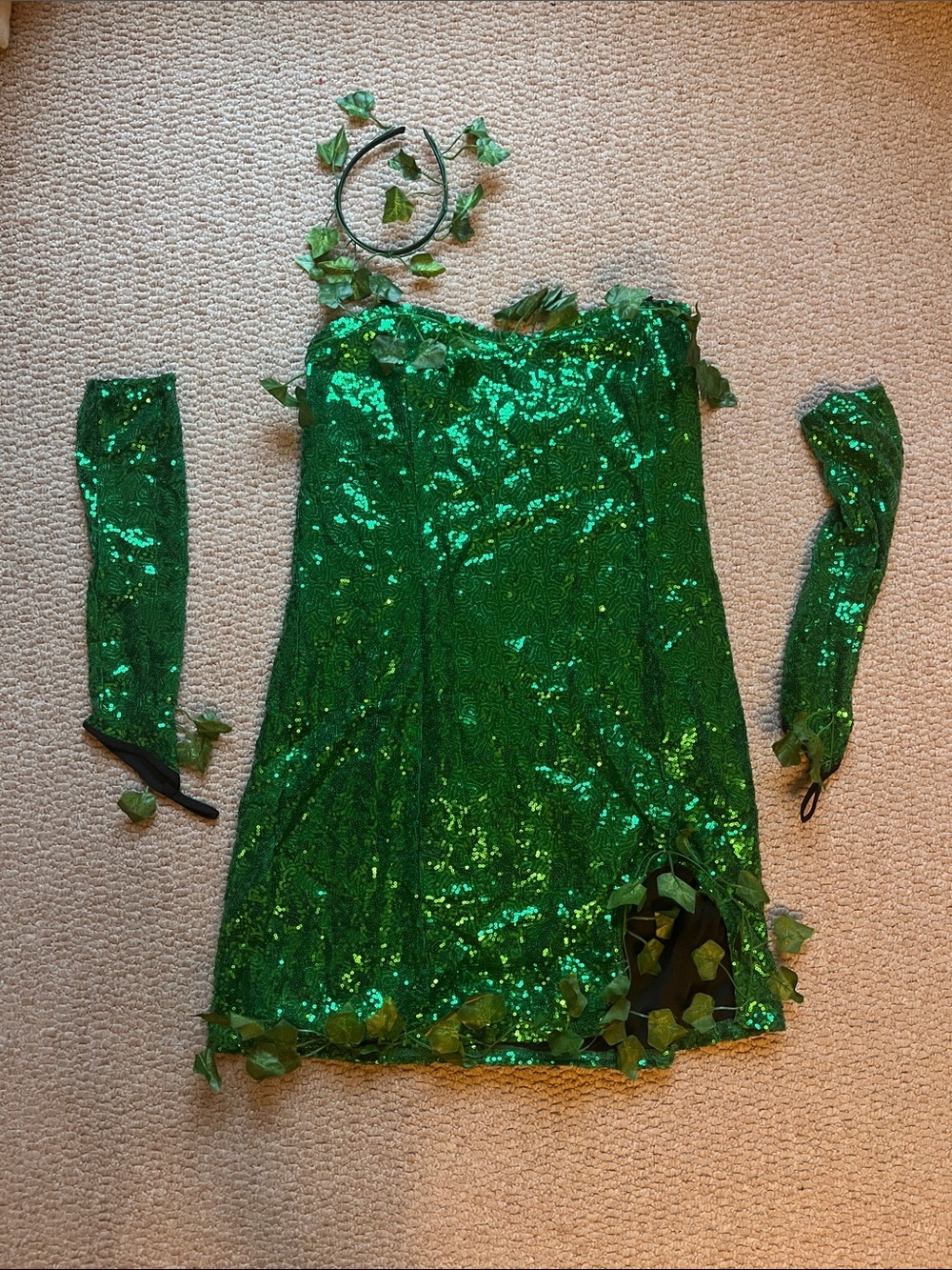 Fashion Nova Green Sequin Ivy Costume Dress with Arm Sleeves